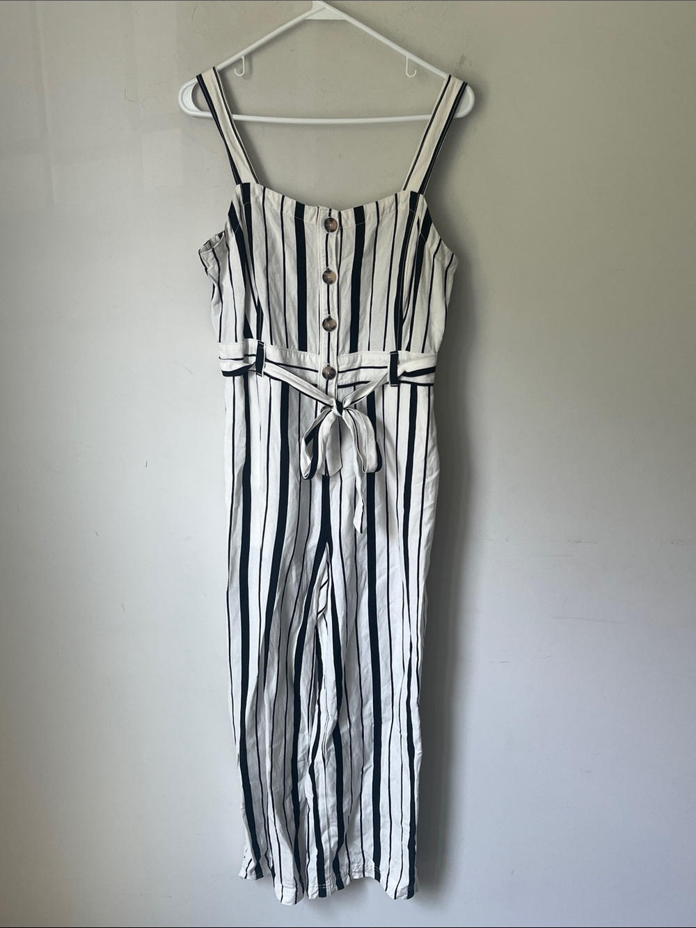 LOFT Linen Blend Striped Button Front Belted Jumpsuit Size 4 White Black ^